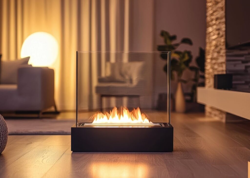 Modern living room with a portable glass-enclosed tabletop fireplace placed on a wooden floor, emitting warm flames, with soft ambient lighting, a sofa, and indoor plants in the background.