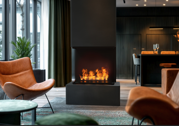 Contemporary living space with a central black fireplace showing bright flames, surrounded by modern leather chairs, large windows with curtains, and a dark open kitchen in the background