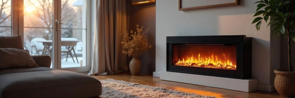 Cozy living room with a modern electric fireplace glowing with orange flames, a soft rug on a wooden floor, a sofa in the foreground, and large glass doors showing a snowy outdoor scene at sunset.