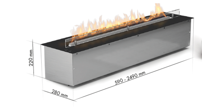Stainless steel ethanol fireplace insert with visible flame, measuring 220 mm high, 280 mm deep, and 590–2490 mm wide depending on model.