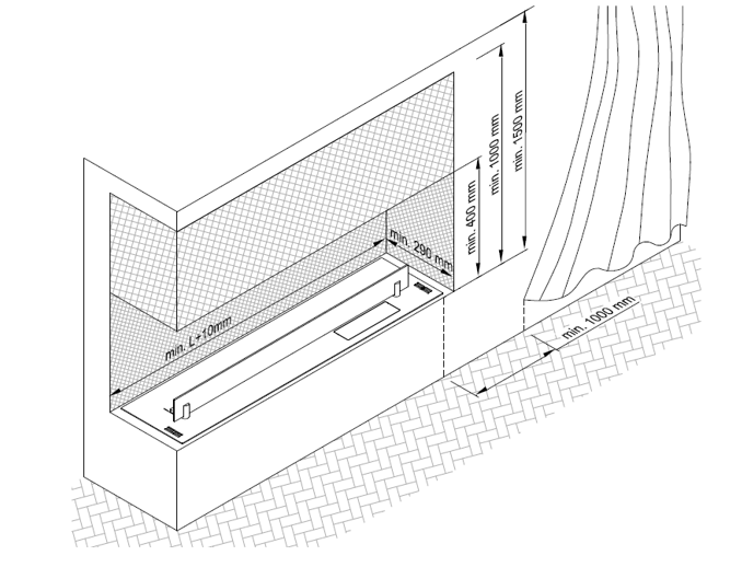 Technical drawing showing minimum clearance dimensions for safe installation of a linear ethanol fireplace near walls, ceiling, and curtains.
