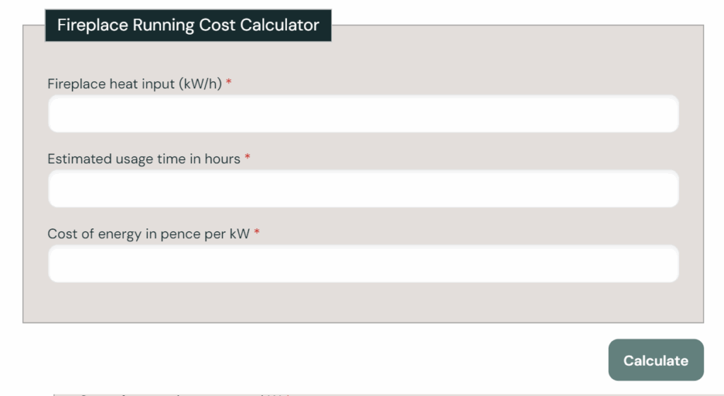 Fireplace running cost calculator with input fields for heat input (kW/h), usage time (hours), and energy cost (pence per kW), plus a "Calculate" button.