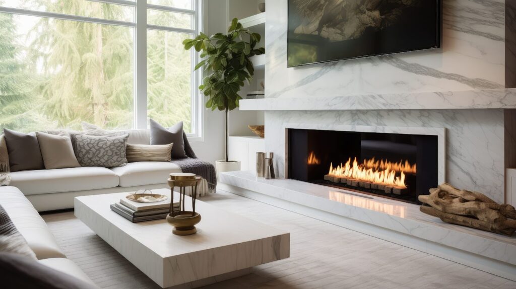 Bright modern living room with large windows, a marble fireplace with a linear flame, a white sofa, a low rectangular coffee table, and a tall potted plant in the corner.