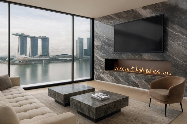 Modern living room with a panoramic window overlooking Marina Bay Sands, featuring a marble accent wall with a long horizontal fireplace, a mounted TV, a beige sofa, stone coffee tables, and a tan armchair.
