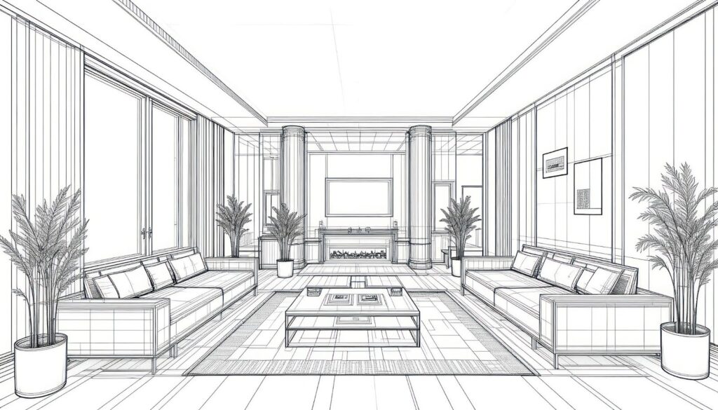 Architectural line drawing of a modern living room with central fireplace, columns, sofas, plants, and large windows on both sides.