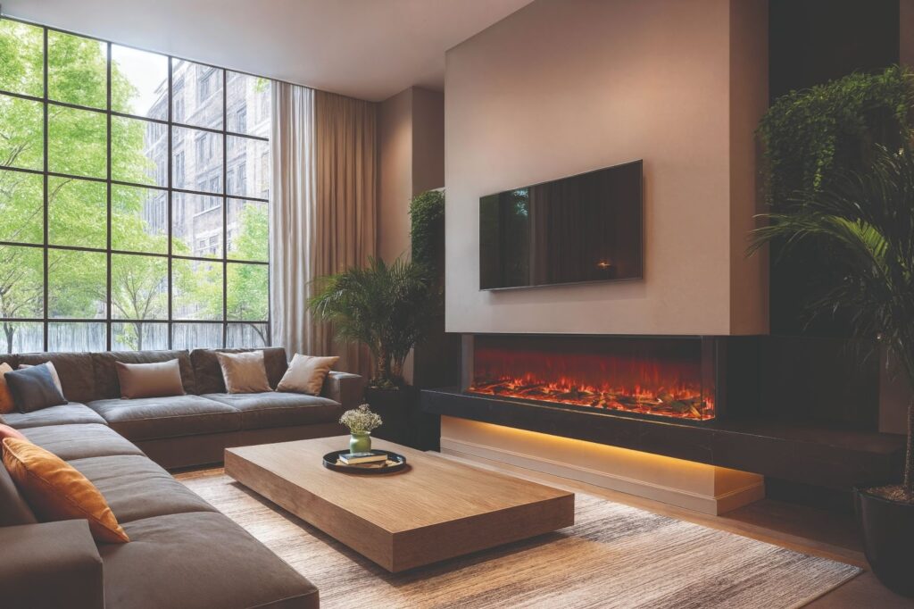 Modern living room with large window, built-in linear electric fireplace, wall-mounted TV, sectional sofa, wooden coffee table, and indoor plants.