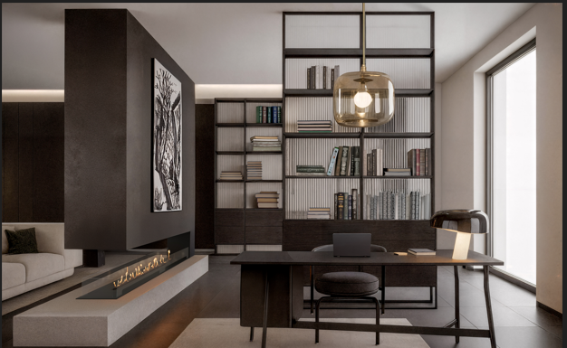 "Modern home office with a dark desk, open shelving filled with books, a suspended glass pendant light, and a long linear fireplace built into a central partition wall.